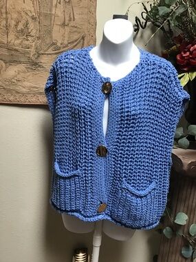 Zara Chunky Knit Light Blue Button-Front Sweater Vest
